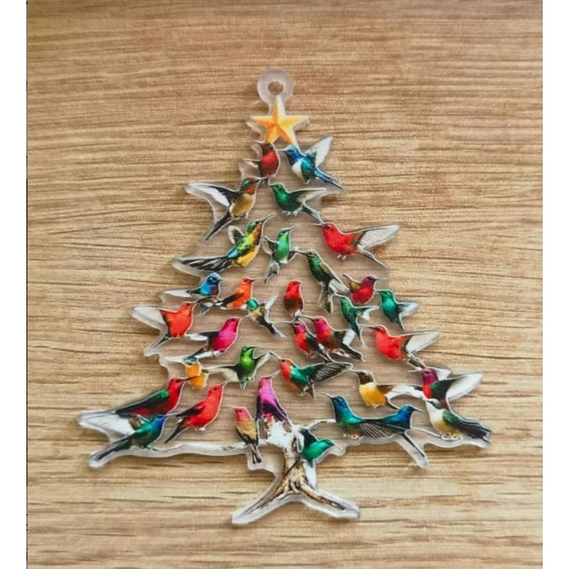 Hummingbird Christmas Ornament (Not Hollow) 2D Transparent Acrylic Flat Hanging Decoration, Bird Tree Silhouette for Window, Tree, Tabletop Holiday Gift for Nature Lovers, 8cm2