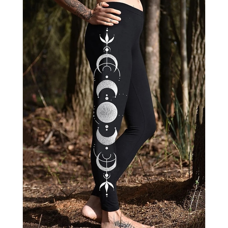 Women's Pants Trousers Leggings Cozy Leggings Streetwear Casual Full Length High Waist Moon Elastic Waist Print Breathability Comfortable Stretchy Vacation Street Daily Wear Black Spring Fall Regular