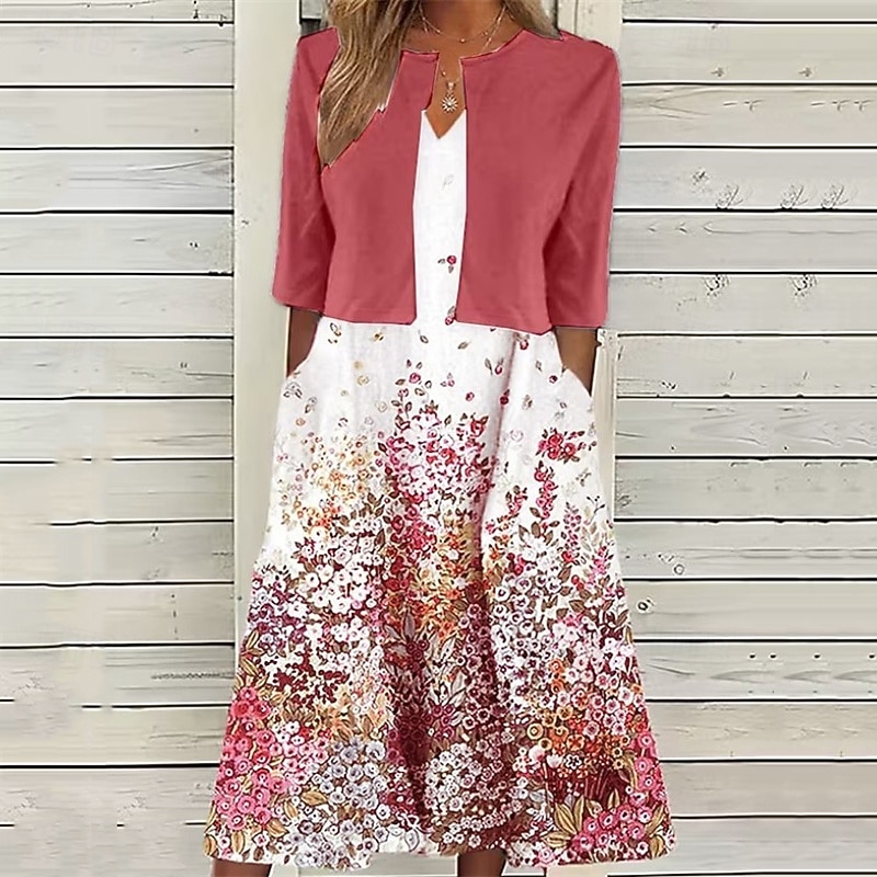Women's Midi Dress Casual Dress Dress Set Fashion Modern Daily Beach Weekend Regular Fit Flower Half Sleeve V Neck Light Green Pink Red Blue Spring Fall4