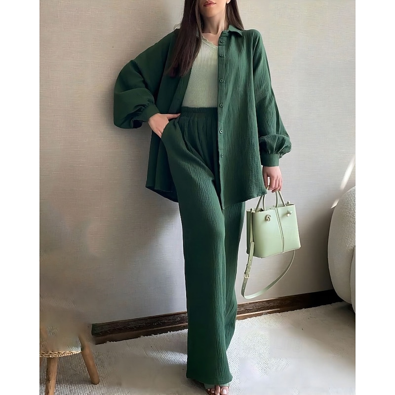 Women's Active Streetwear Shirt Blouse Pants Sets Long Sleeve Shirt Collar Solid Color Ruched Holiday Weekend Dark Green Fall Regular Fit