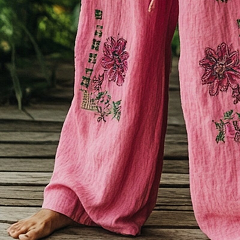 Women's Wide Leg Pants Trousers Palazzo Pants Fashion Boho Full Length High Waist Flower Elastic Waist Drawstring Print Breathability Comfortable Street Daily Wear Going out Pink Spring Fall Regular3