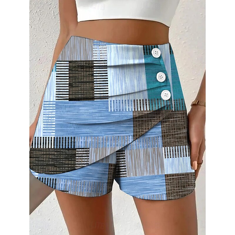 Women's Chinos Shorts Vacation Vintage Ethnic Style Short High Waist Graphic Geometric Color Block Pleated Inelastic Formal Vacation Street Violet Robin's Egg Blue Yellow Green Summer Spring Regular2