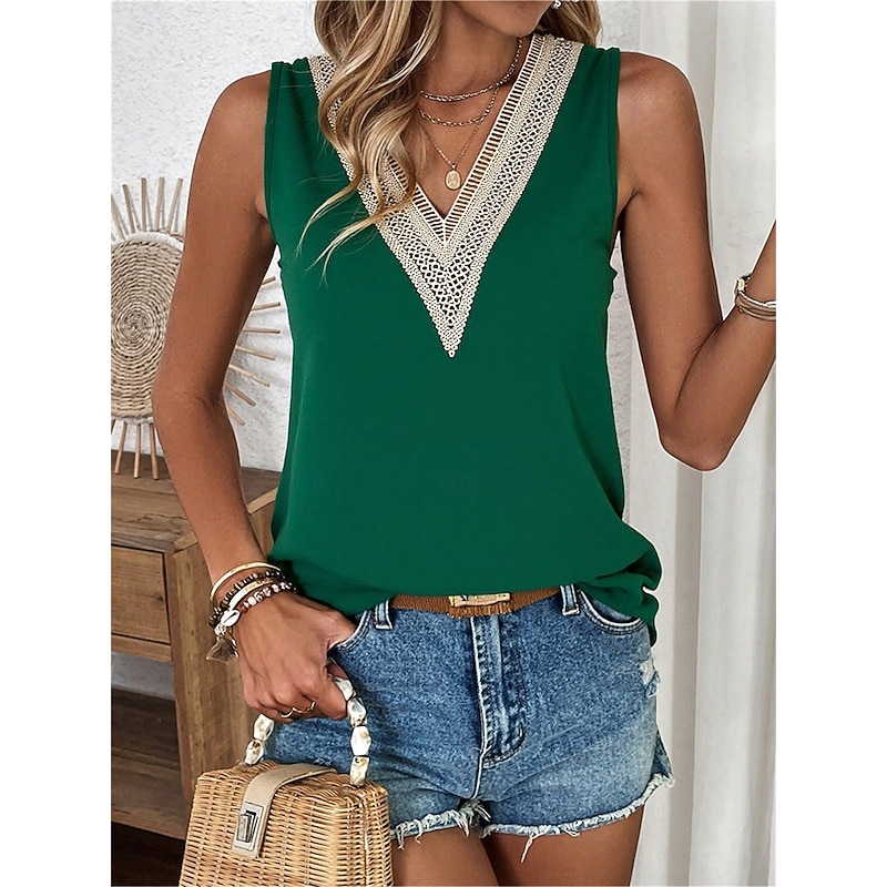 Women's Summer Tops Blouse Plain Stylish Casual Sleeveless V Neck Regular Tops Daily Holiday Patchwork Lace Trim Black White Wine Green Summer - Main Image
