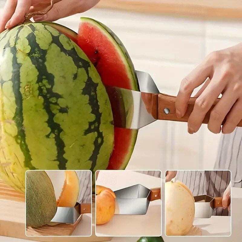 Stainless Steel Melon Slicer with Triangular Blades, Ergonomic Wooden Handle Fruit Cutter, Durable and Safe Kitchen Tool for Watermelon, Cantaloupe, and More2