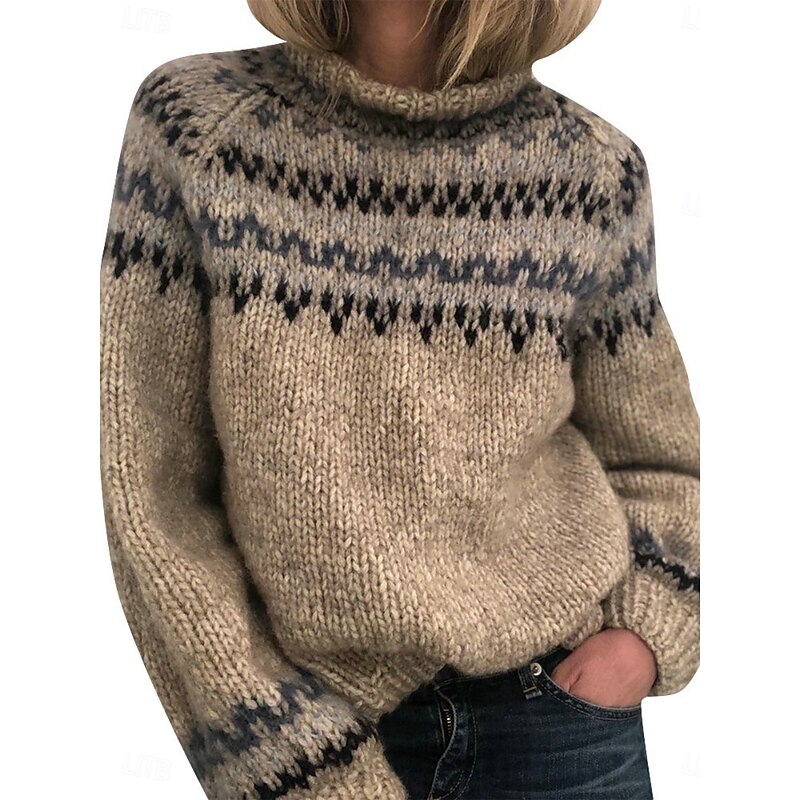 Women's Sweater Casual Soft Geometric Ribbed Turtleneck Knitted Long Sleeve Regular Tops Knit Outdoor Daily Weekend Khaki Gray Fall Winter4