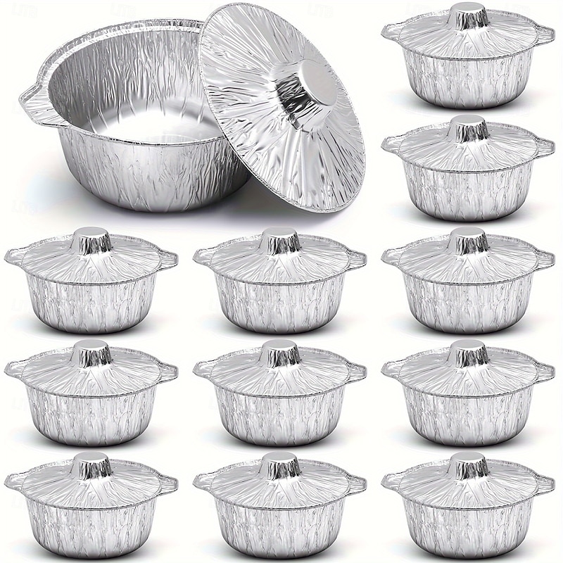 Portable 10/5pcs Disposable Aluminum Pot with Lid Round Foil Pans Durable Cookware Food Container for Vacation Trips Camping Baking Heating Cooking (33.8oz)