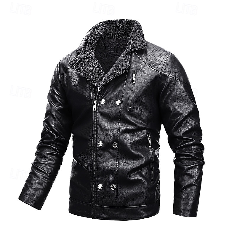 Men's Faux Leather Jacket Motorcycle Jacket Outdoor Windbreaker Fleece Collar Fall Winter Solid Color Punk Active Short Black Burgundy Jacket