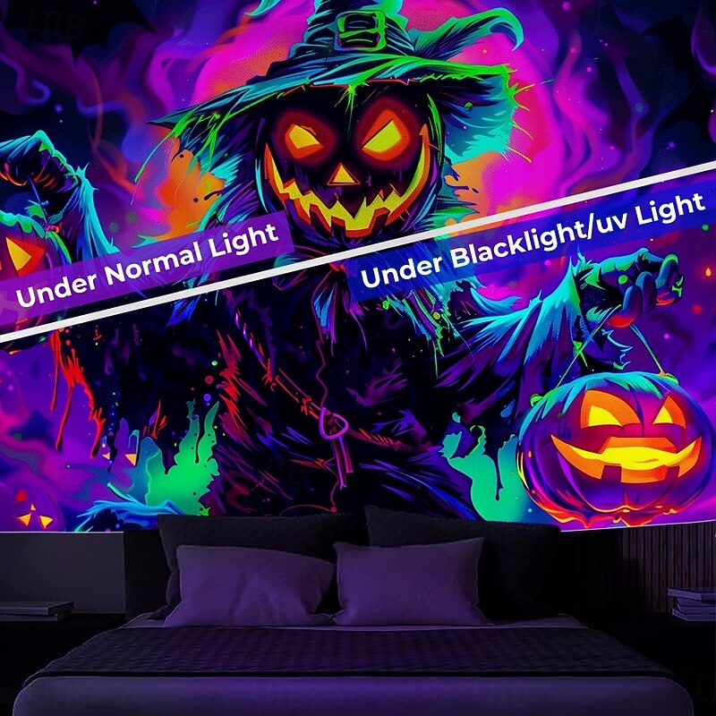 Halloween Blacklight Wall Tapestry – UV Reactive Evil Pumpkin with Glowing Jack-o'-Lantern, Neon Colors Spooky Field Scene, Glow in the Dark Horror Backdrop for 2025 Halloween Party Decoration2