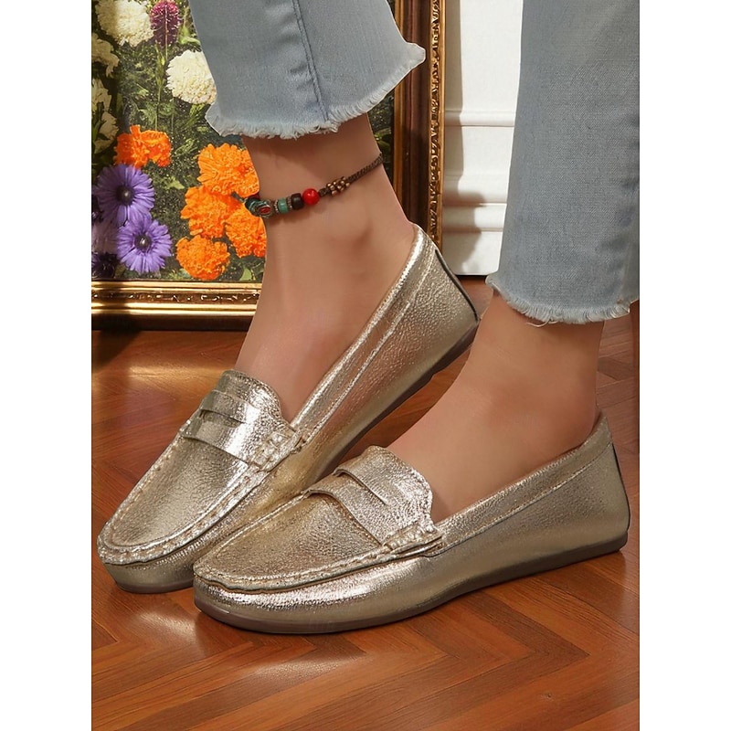 Women's Metallic Gold Penny Loafers, Soft Slip-On Casual Flats with Textured Faux Leather for Stylish Outfits and Daily Dates