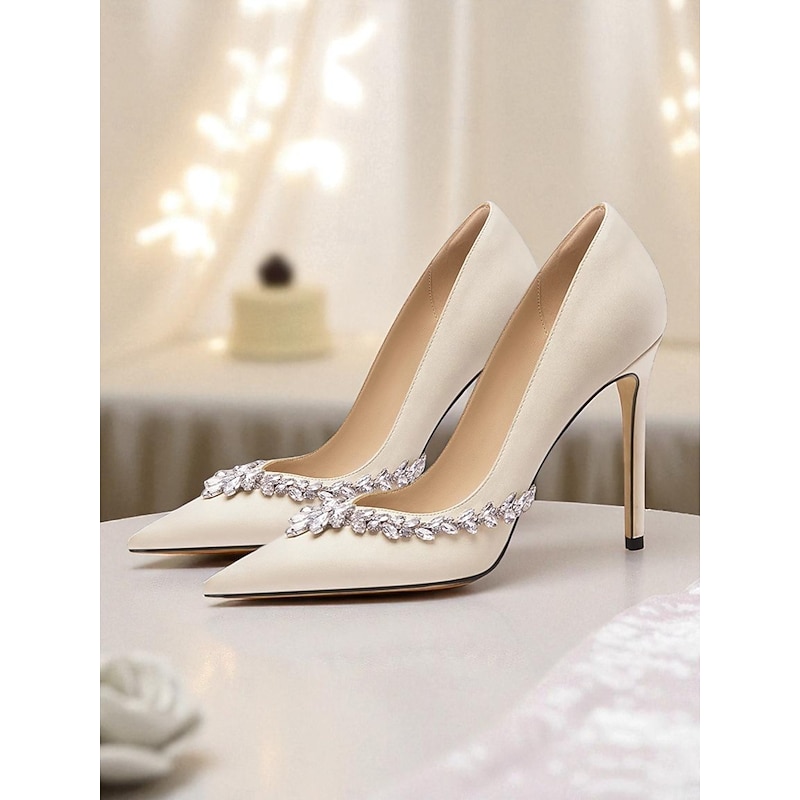 Women's Elegant Satin Pointed Toe Stiletto Heels with Crystal Embellishments - Luxury Dress Shoes for Formal Weddings and Cocktail Parties