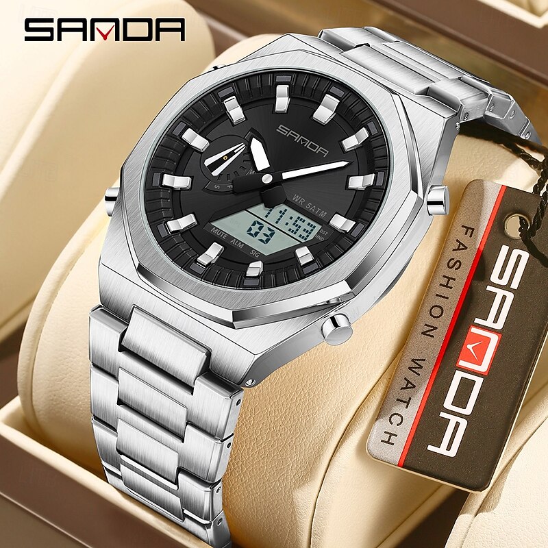 SANDA Women Men Digital Watch Large Dial Outdoor Sports Fashion Luminous Calendar Date Week Chronograph Stainless Steel Strap Watch4