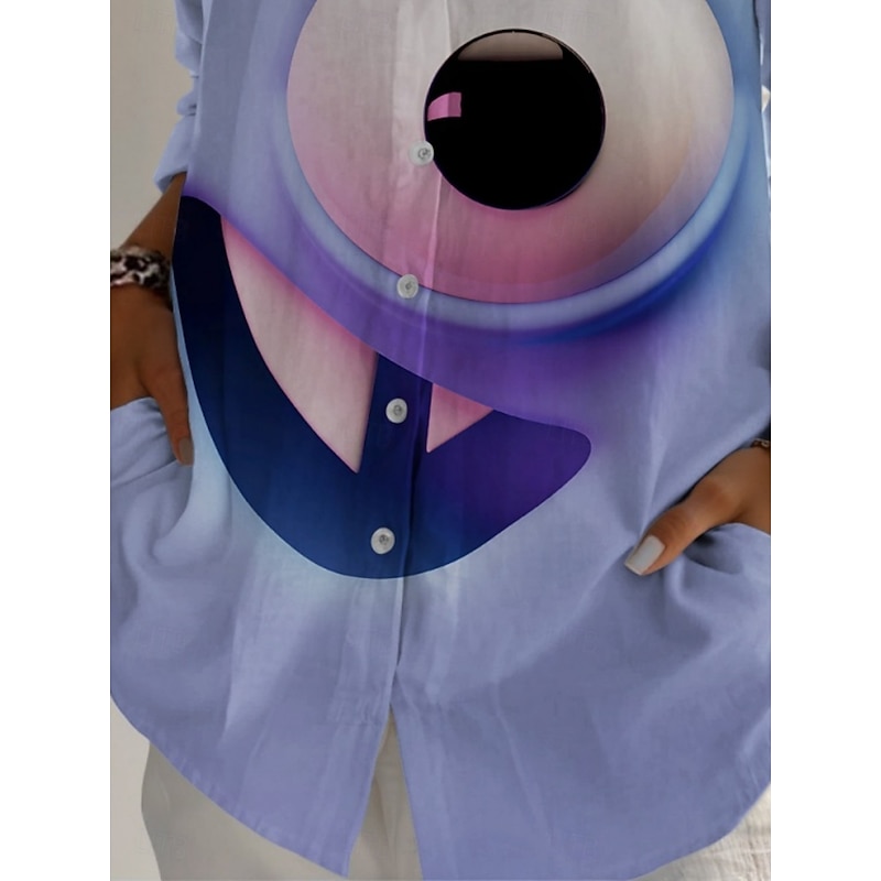 Women's Cartoon Funny Smile Face Shirt  Graphic Active Daily Stylish Long Sleeve Shirt Collar Regular Tops Daily Holiday Buttons Print Blue Spring Fall3