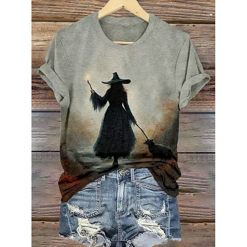 Halloween Women's T shirt Witch Graphic Vintage Stylish Classic Short Sleeve Crew Neck Regular Tops Daily Print Black and gray Khaki Light Grey Dark Gray Summer Spring Fall2