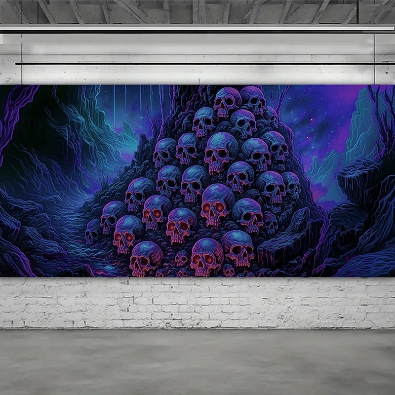 Halloween Garage Door Cover Neon Skull Pile Banner, Glowing Blacklight Backdrop Decoration for Holiday Outdoor Garage Door and Home Wall, 2025 Halloween Decorations3