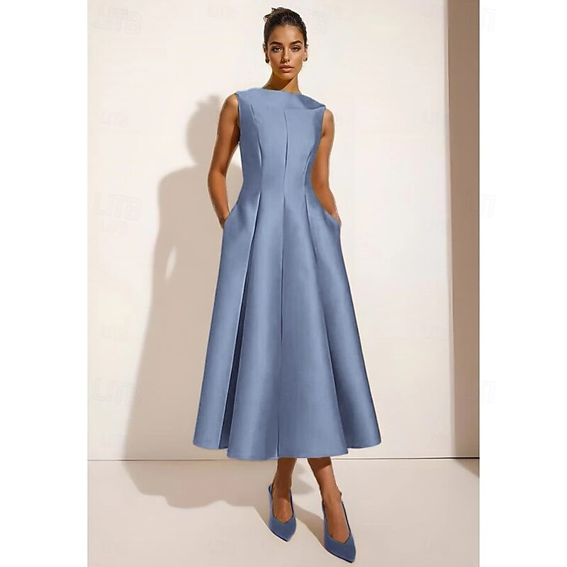 A-Line Cocktail Wedding Dresses Elegant Gown Formal Ankle Length Sleeveless Crew Neck Pocket Satin with Ruched Pocket4