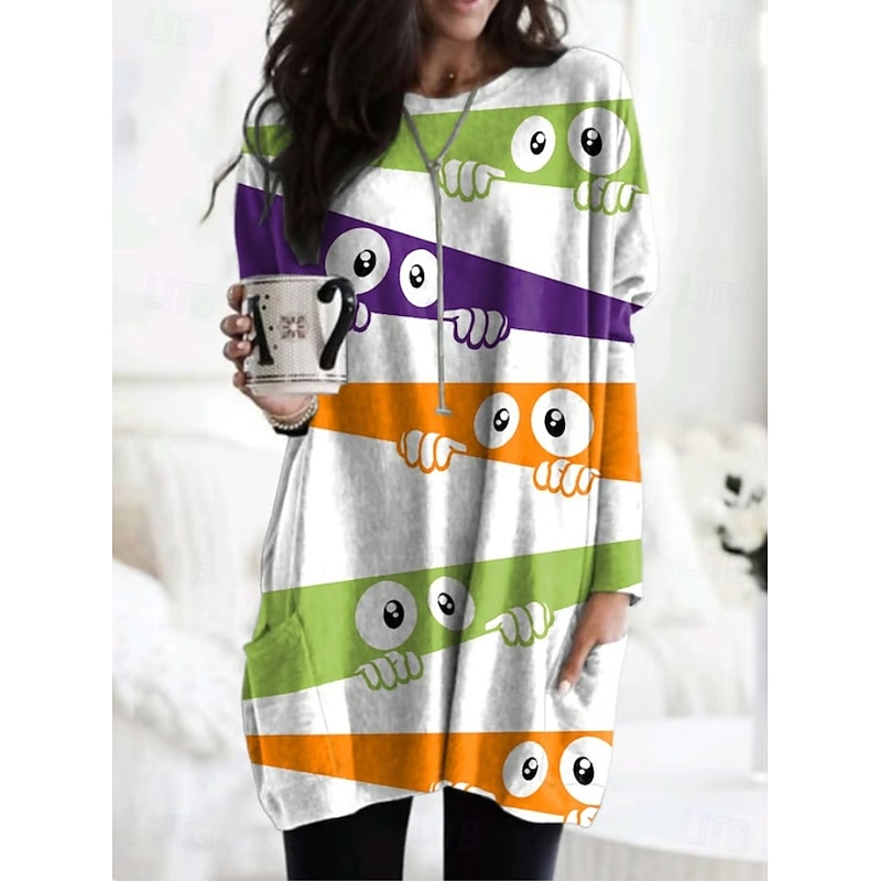 Halloween Women's T shirt Monster Graphic Geometric Fashion Long Sleeve Crew Neck Round Neck Long Tops Daily Going out Weekend Pocket Print Black White Orange Spring Fall3