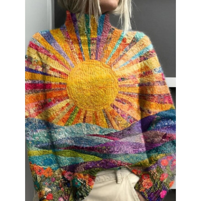 Women's Sweater Casual Soft Floral Ribbed Turtleneck Knitted Print Long Sleeve Regular Tops Knit Outdoor Daily Weekend Red Brown Yellow Fall Winter2