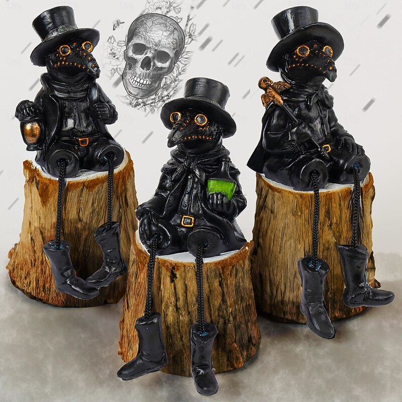 3 Pcs Halloween Plague Doctor with Dangling Legs Figurines Decoration Resin Gothic Scary Crow Table Fireplace Shelf Sitting Figurines Party Ornament Gifts for Indoor Home Decor4