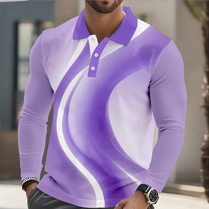 Men's Geometic Golf Polo Sports Polo Shirts Long Sleeve Polo Shirts Collared Shirts Sportswear Athleisure Daily Wear 3D Print Spring Fall Black Blue Purple3