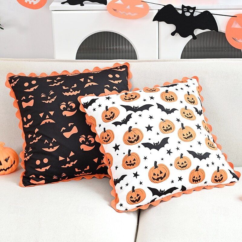 1 Pc Halloween Pillow Cover, Pumpkin Bat Geometric Casual Square Zipper Traditional Classic2