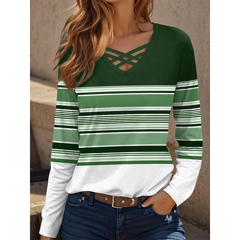Women's T shirt Long Sleeve Graphic Geometric Vintage Stylish Classic Long Sleeve V Neck Regular Tops Daily Cut Out Print Blue Purple Green Spring Fall Prefall2
