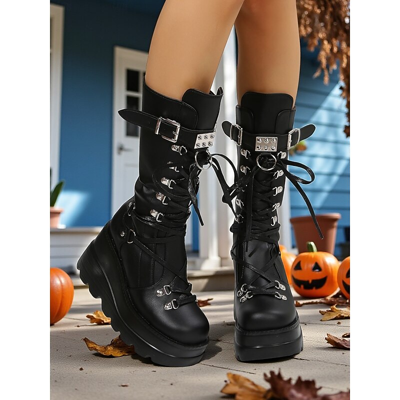 Women's Gothic Punk Platform Knee-High Boots - Black Lace-Up Combat Boots with Buckle and Studded Details for Halloween, Cosplay, and Night Out2