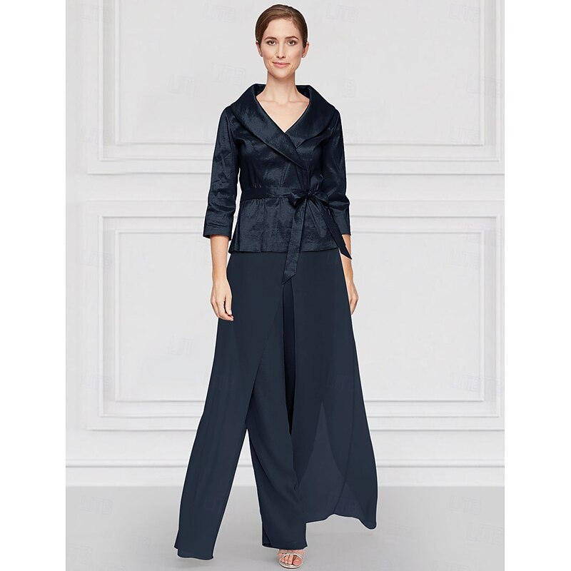 Two Piece Pantsuit Mother of the Bride Wedding Guest Elegant Simple Tailored Lapel Floor Length Chiffon Stretch Satin Long Sleeve with Sash / Ribbon Solid Color4
