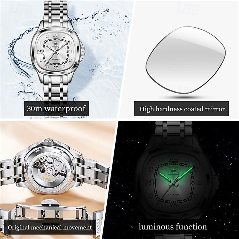 The New Olevs Square Dial Ladies' Business Watch Waterproof Luminous Calendar Day Display Fully Automatic Mechanical Watch Fashionable Casual And High-End Ladies' Sports Wristwatch