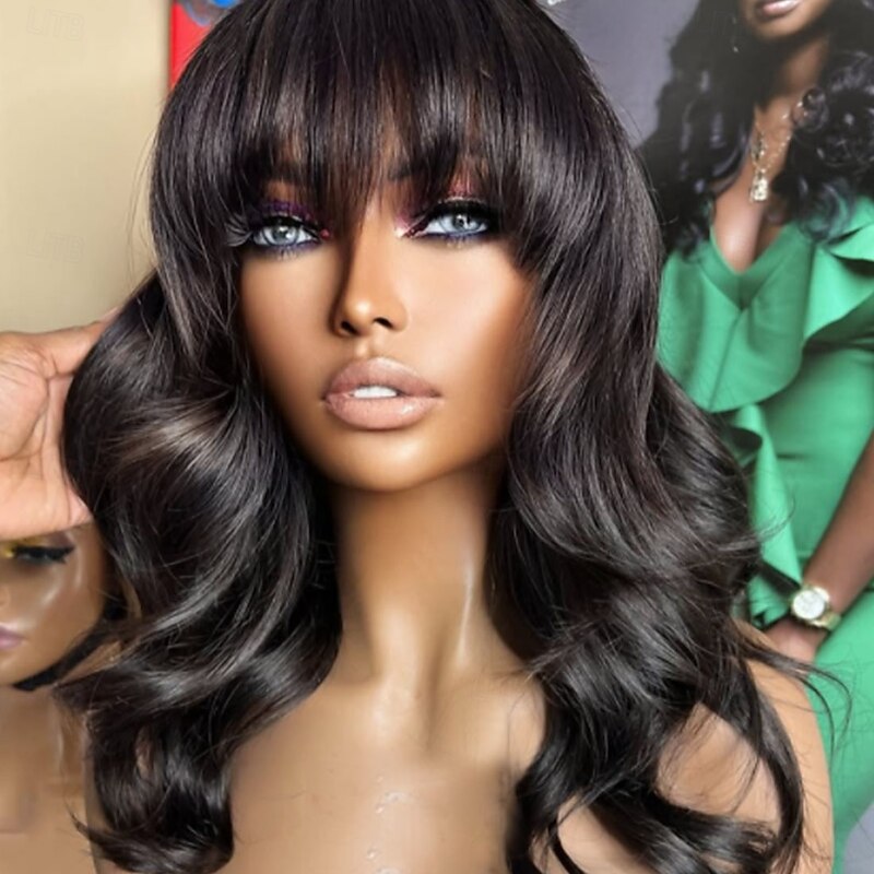 Remy Human Hair 5x5 Closure 13x4 Lace Front Wig With Bangs Brazilian Hair Wavy Black Wig 130% 150% Density with Baby Hair Natural Hairline 100% Virgin Glueless Pre-Plucked For Women Long Human Hair2