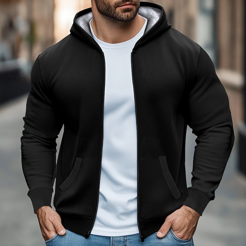 Men's Zip Sweatshirt Fleece Hoodie Black Red Navy Blue Gray Hooded Standing Collar Plain Zip Up Front Pocket Sports & Outdoor Casual Daily Streetwear Cool Sportswear Fall & Winter Clothing Apparel3