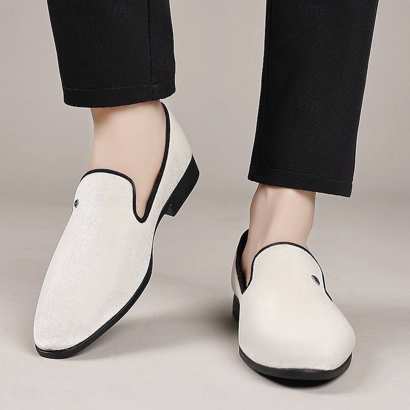 Men's White Velvet Slip-on Loafers – Minimalist Soft Upper Dress Shoes for Evening Receptions, Summer Parties and Wedding Groomsmen3