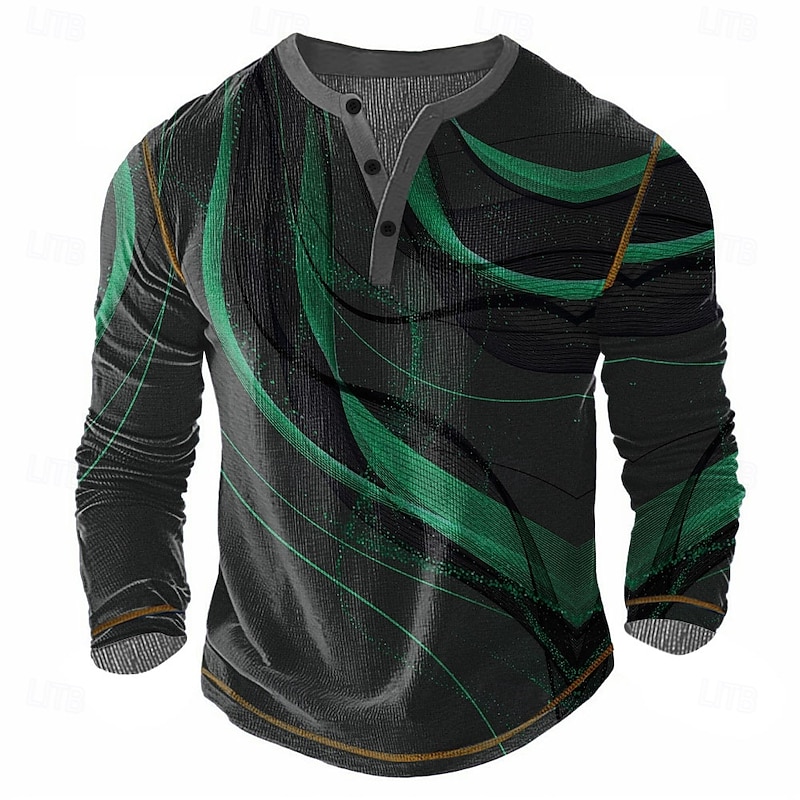 Men's Abstract Henley Shirt Waffle T Shirt Long Sleeve Vintage Daily Retro Vintage Sports Outdoor Casual Holiday Spring & Summer All Seasons Blue Yellow Green Red Grey Henley Henley T-Shirt4