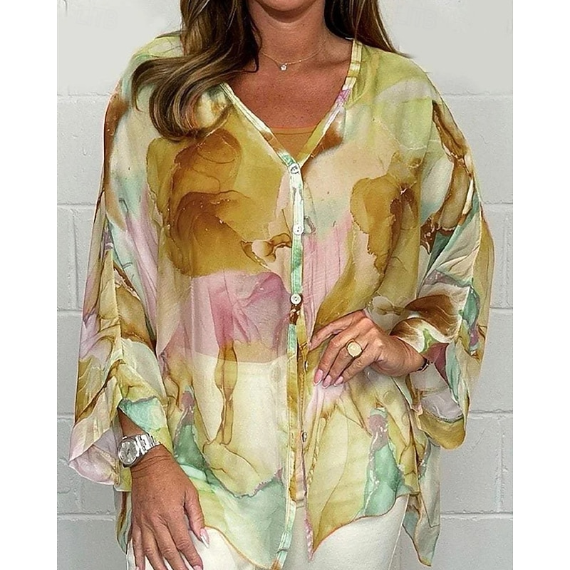 Women's Shirt Chiffon Tops Floral Stylish Modern Long Sleeve Shirt Collar Regular Tops Daily Holiday Buttons Print Yellow Pink Royal Blue Green Khaki Spring Fall