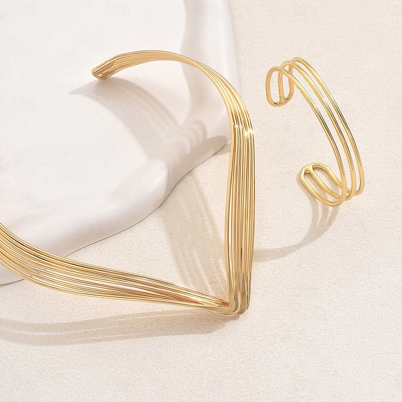 Women's Gold Plated Geometric Jewelry Set - Modern Layered V-Shaped Necklace and Open Cuff Bracelet for Ladies, Ideal for Cocktail Parties, Work Events, and Evening Outfits4