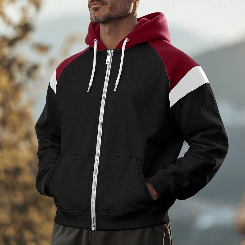 Men's Hoodie Full Zip Hoodie Fleece Hoodie Black Red Navy Blue Beige Gray Hooded Plain Patchwork Zipper Sports & Outdoor Casual Daily Streetwear Cool Sportswear Spring &  Fall Clothing Apparel Hoodies3