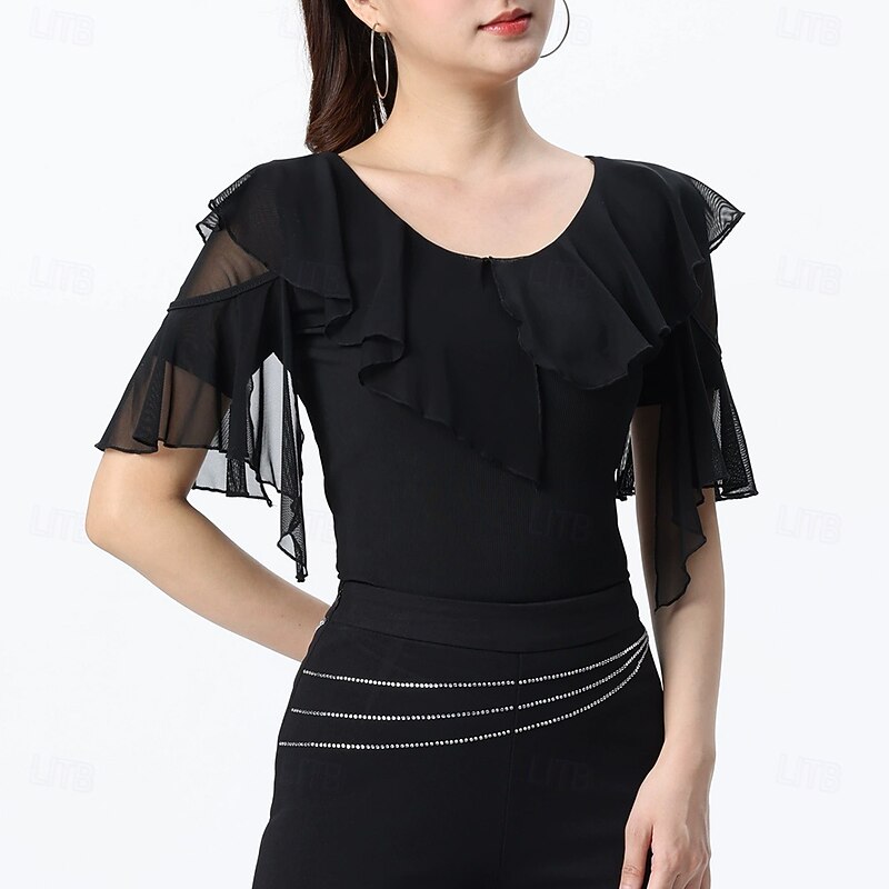 Latin Dance Top Ruffles Pure Color Splicing Women's Performance Training Short Sleeve High Polyester3