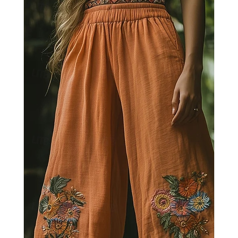 Women's Wide Leg Pants Trousers Palazzo Pants Fashion Boho Full Length High Waist Flower Elastic Waist Print Breathability Comfortable Street Daily Wear Going out Orange Spring Fall Regular Fit2