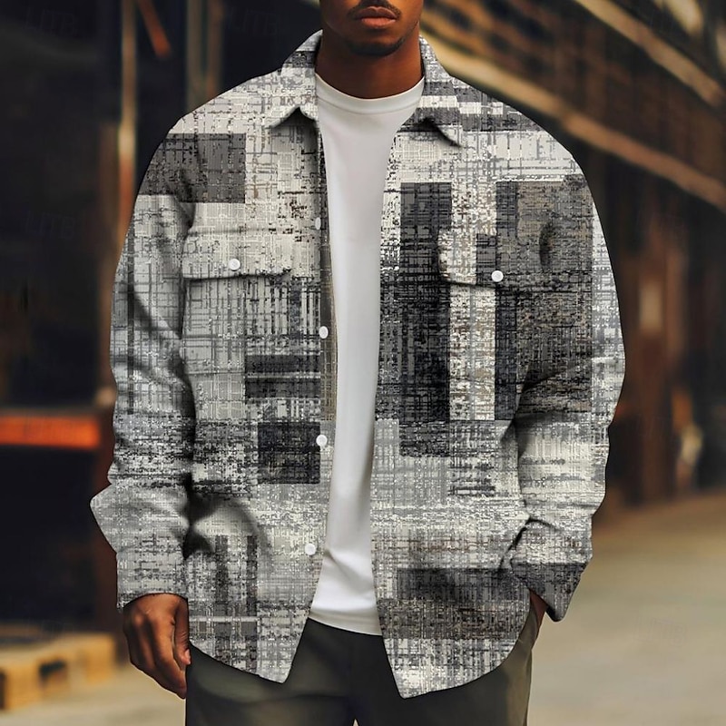 Men's Color Block Gradient Patchwork Corduroy Shirt Shacket Shirt Jacket Long Sleeve Casual Outdoor Dailywear Fall Winter Turndown Button-Down Jacket with Flap Pockets Black Pink Khaki Light Grey Gray