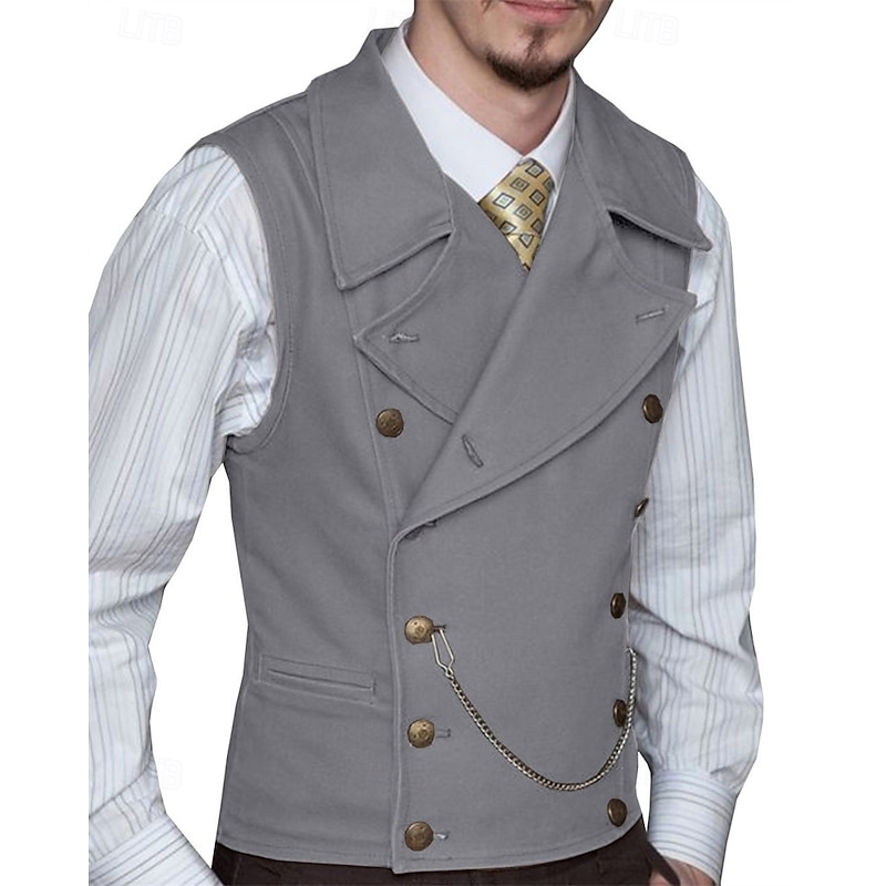 Men's Vest Waistcoat Gilet Vacation Party Business Fashion Casual Spring Fall Pocket Buttons Polyester Comfortable Plain Double Breasted Lapel Regular Fit Silver Black White Wine Vest4
