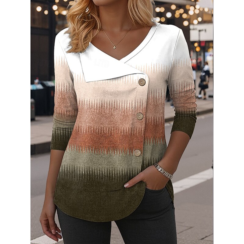 Women's Blouse Tunic V Neck Long Sleeve Buttons Graphic Geometric Vintage Casual Trendy Regular Tops Daily Patchwork Print Blue Purple Brown Green Spring Fall Winter