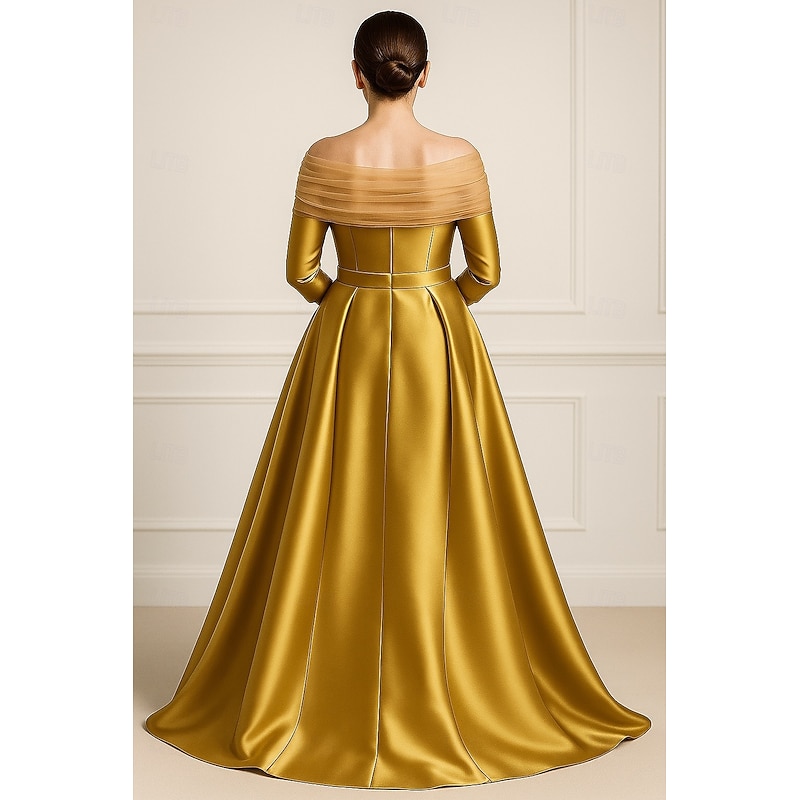 Gold A-Line Evening Gown Elegant Dress Formal Wedding Guest Floor Length 3/4 Length Sleeve Off Shoulder Pocket Satin with Bow(s)2