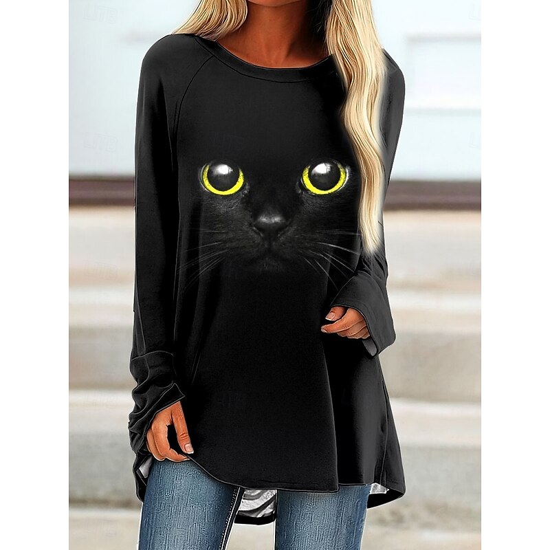 Women's T shirt Long Sleeve Graphic Animal Cat Vintage Stylish Classic Long Sleeve Crew Neck Round Neck Long Tops Daily Print Black Blue Orange Spring Fall Prefall