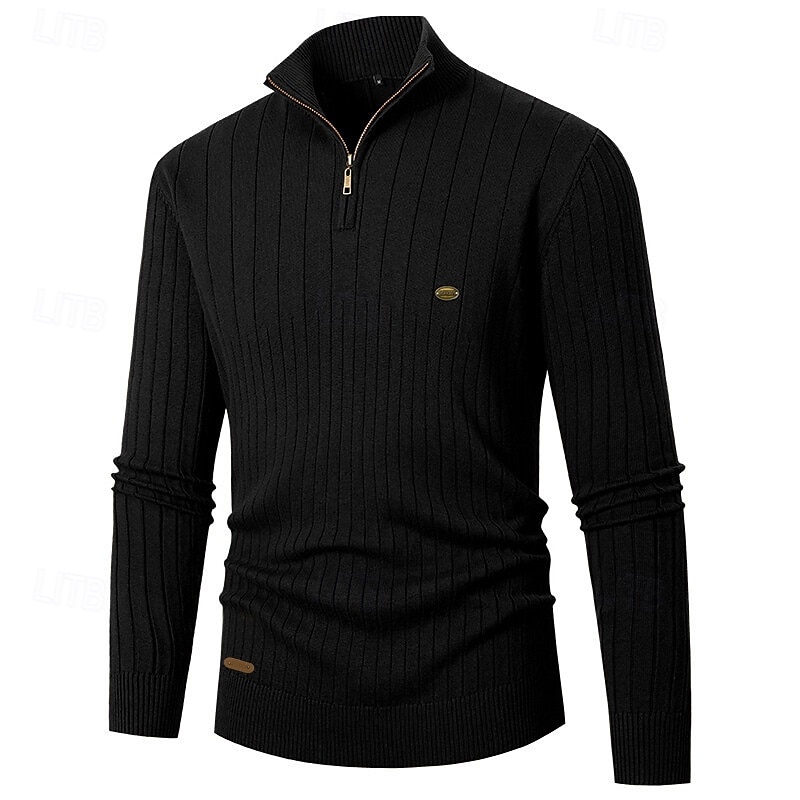 Men's Pullover Sweater Jumper Quarter Zip Sweaters Knit Sweater Ribbed Knit Regular Tops Knitted Plain Standing Collar Fashion Casual Vacation Daily Wear Clothing Apparel Fall Winter Black Navy Blue3