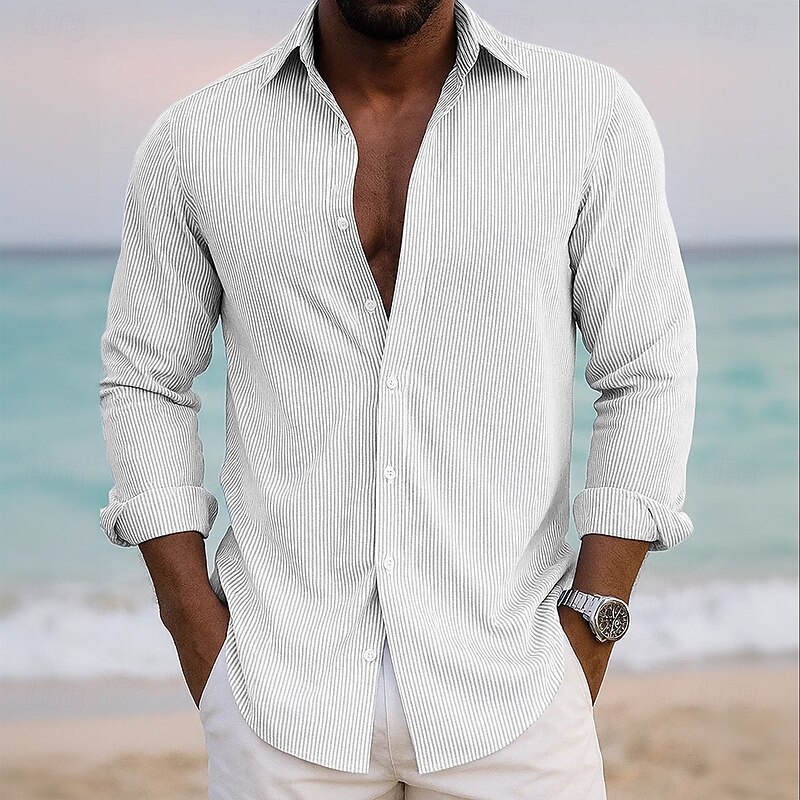 Men's Striped Shirt Button Up Shirt Casual Dress Shirt Long Sleeve Fashion Casual Office Dailywear Spring Fall Turndown 3D Print Linen Like Shirt White Pink Blue Purple Green4