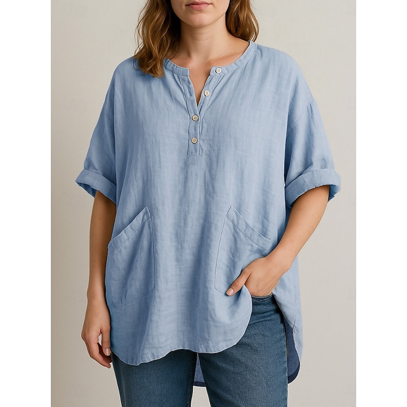 Women's Cotton Linen Shirts Plain Stylish Modern 3/4 Length Sleeve V Neck Regular Tops Daily Holiday Pocket Buttons Print Yellow Sky Blue Purple Khaki Summer Spring Fall