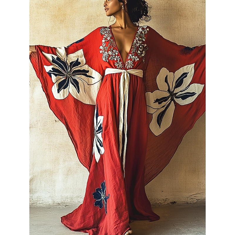 Women's Long Dress Maxi Dress Boho Dress Casual Dress Swing Dress Summer Dress Vintage Vacation Daily Beach Regular Fit Floral 3/4 Length Sleeve V Neck Red Summer Spring Fall