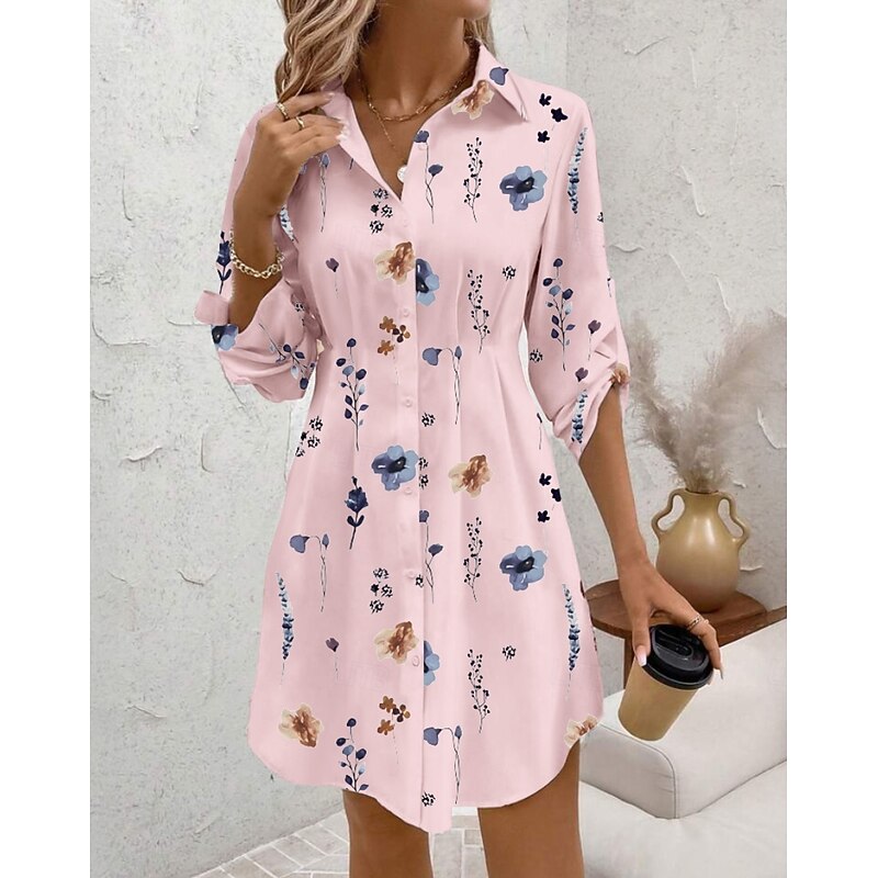 Women's Mini Dress Shirt Dress Print Dress Elegant Daily Fall Dress Regular Fit Floral Long Sleeve Shirt Collar Black White Pink Purple Fall3