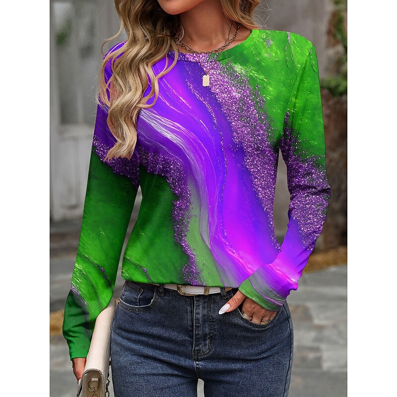 Women's T shirt Crew Neck Long Sleeve Tunic Ombre Graphic Color Block Vintage Stylish Casual  Round Neck Regular Tops Daily Print Purple Orange Green Fall3