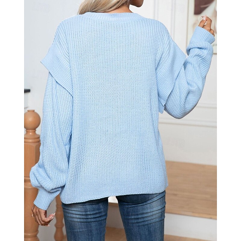 Women's Pullover Casual Solid Color Chunky Crew Neck Knitted Long Sleeve Regular Tops Knit Daily Holiday Going out Pink Blue Fall Winter4
