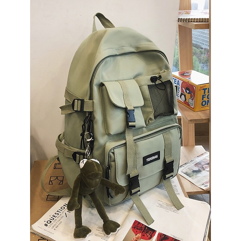 Teen Large Capacity Casual Backpack - Korean Style Multi-Pocket School Bag with Plush Toy Keychain for School, Travel and Outdoor Activities Black White Red